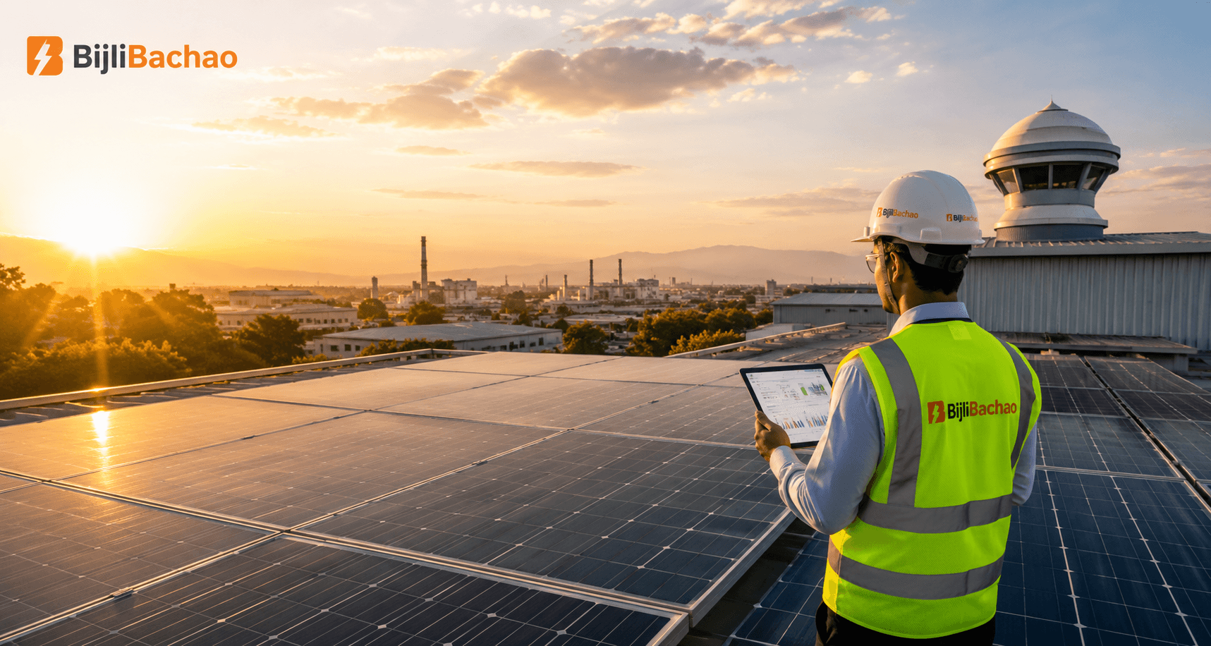 BijliBachao.pk solar engineer reviewing rooftop solar performance on a tablet at sunset