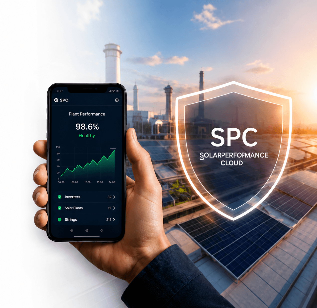 SPC dashboard on a phone over a solar plant at sunset