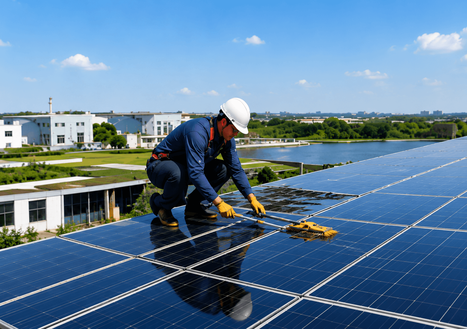 Solar engineer cleaning rooftop solar panels