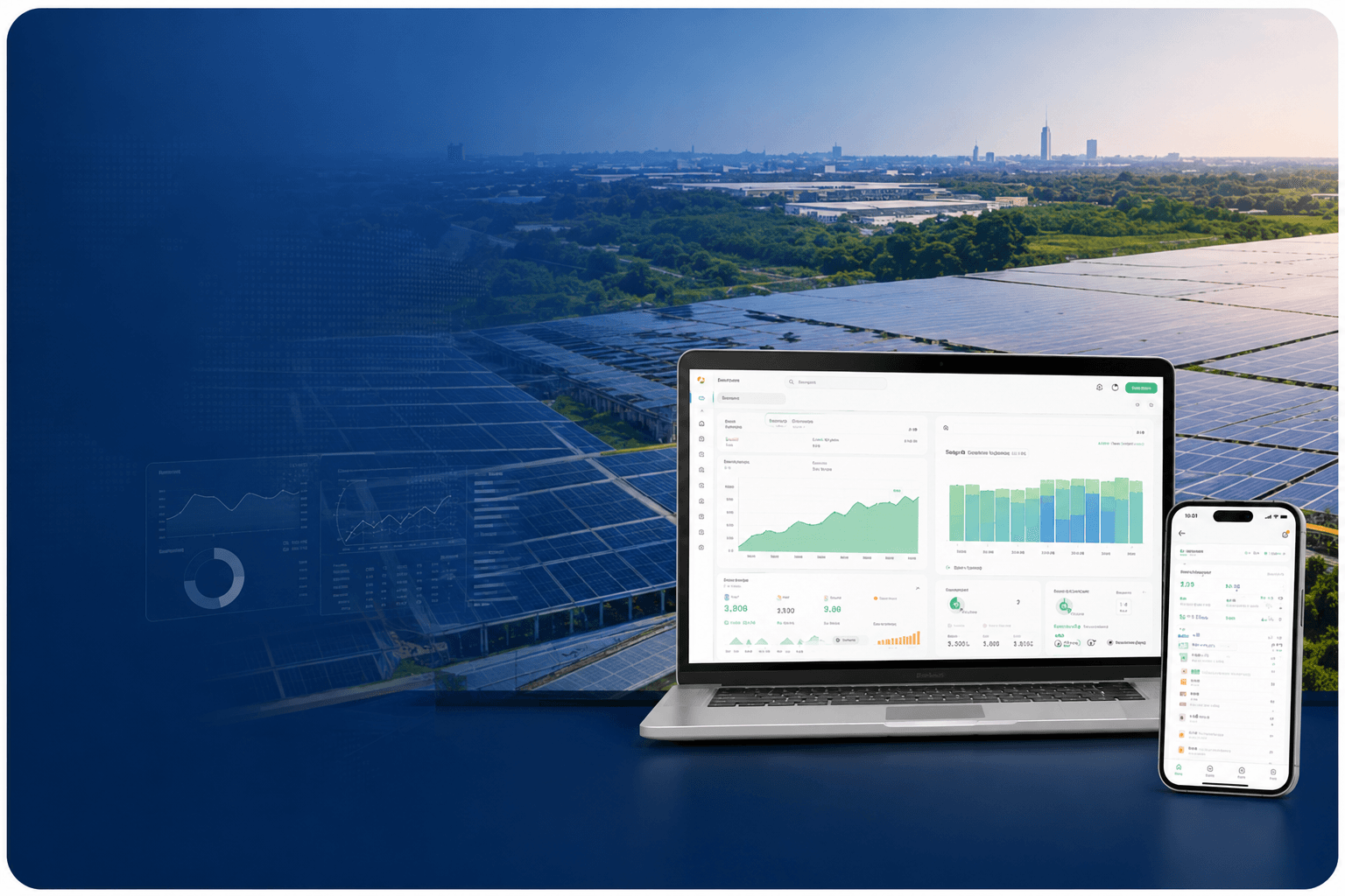 Solar Performance Cloud dashboard on a laptop and phone overlooking a solar farm